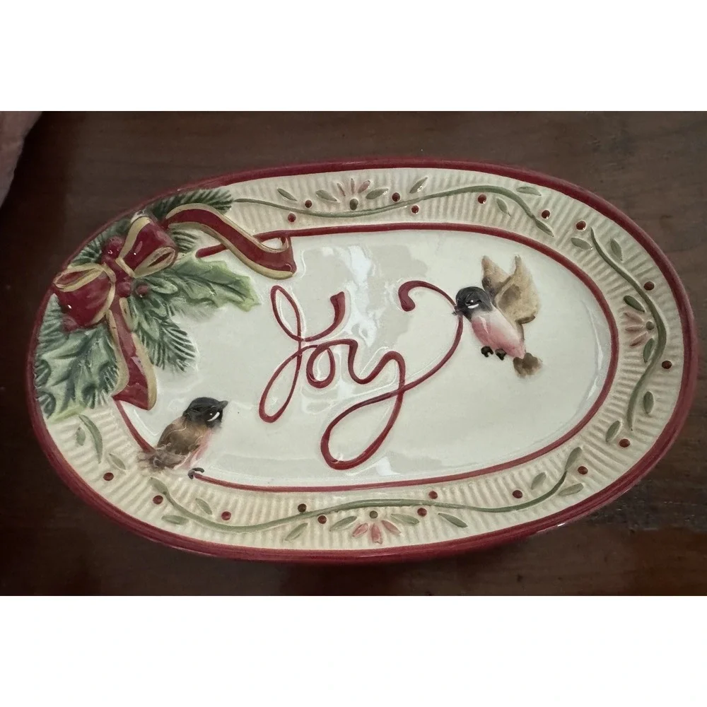 Fitz and Floyd Santa's Forest Friends Joy Sentiment Tray Christmas Bird Platter